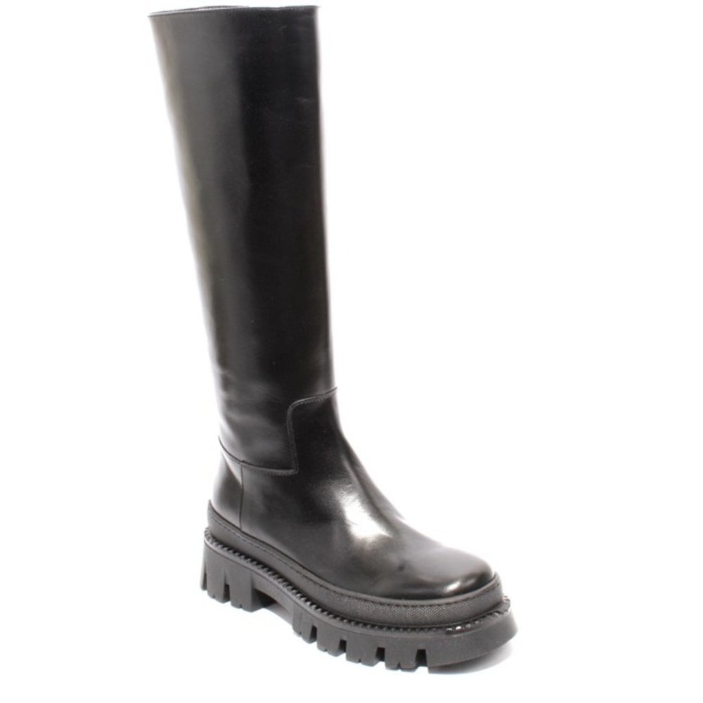 Italian Black Leather Zip-Up Knee High Platform Boots